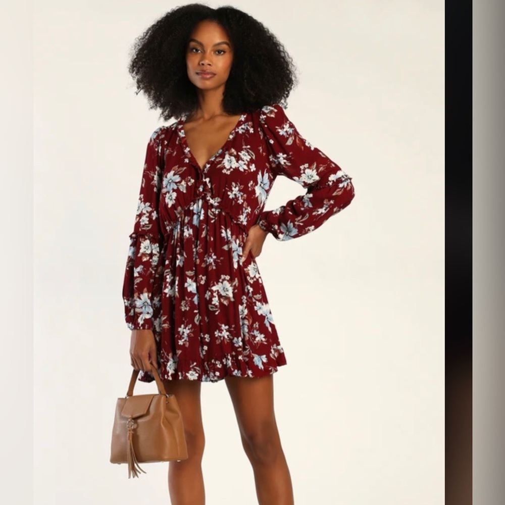 Lulu’s- Lovely Blooms Burgundy Floral Print Long Sleeve Babydoll Dress